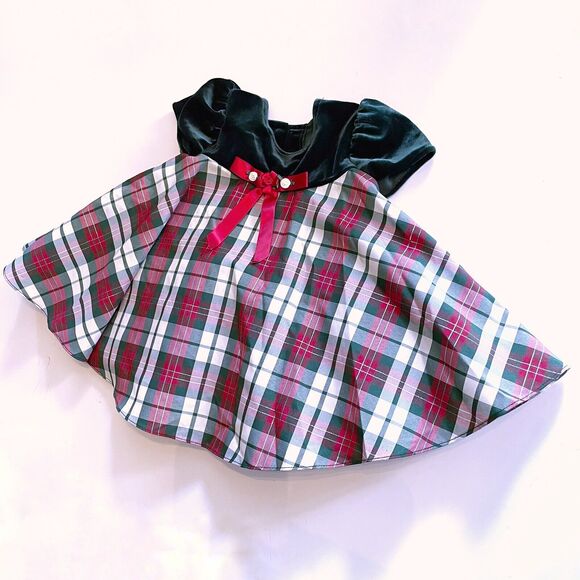 Bonnie Jean Holiday Christmas Tartan & Green Velvet Bow Dress Girls 6-9 Months - Picture 1 of 7
